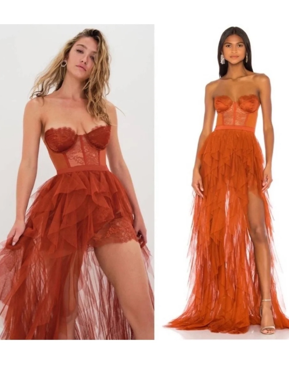 For Love & Lemons Rust Orange Strapless Lace Bustier High-Low Tulle Gown XS